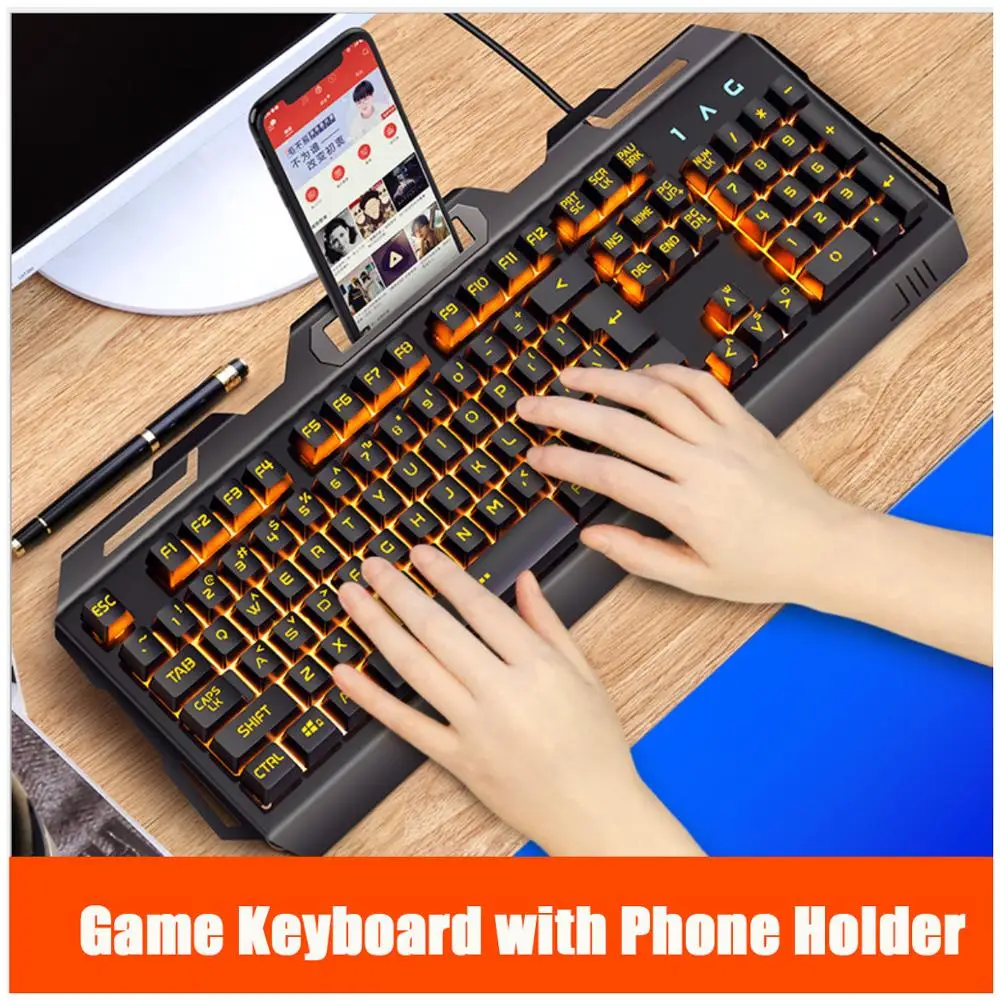 

Gaming Keyboard Wired USB Keyboard 104Keys with Phone Holder Backlight Mechanical Felling Metal Laptop Gamer Keyboard for Win 10