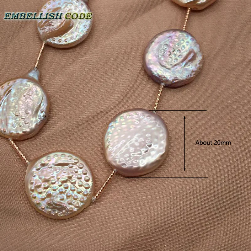 

60cm/24inch +5cm Extended chian necktie long necklace huge peach pink flat round coin pearls with red golden tube for sweater