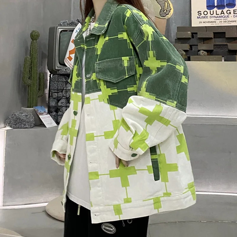 

Джинсовая куртка в стиле High Street, свободная однобортная винтажная куртка с отложным воротником и длинным рукавом, с градиентом, контрастных ...