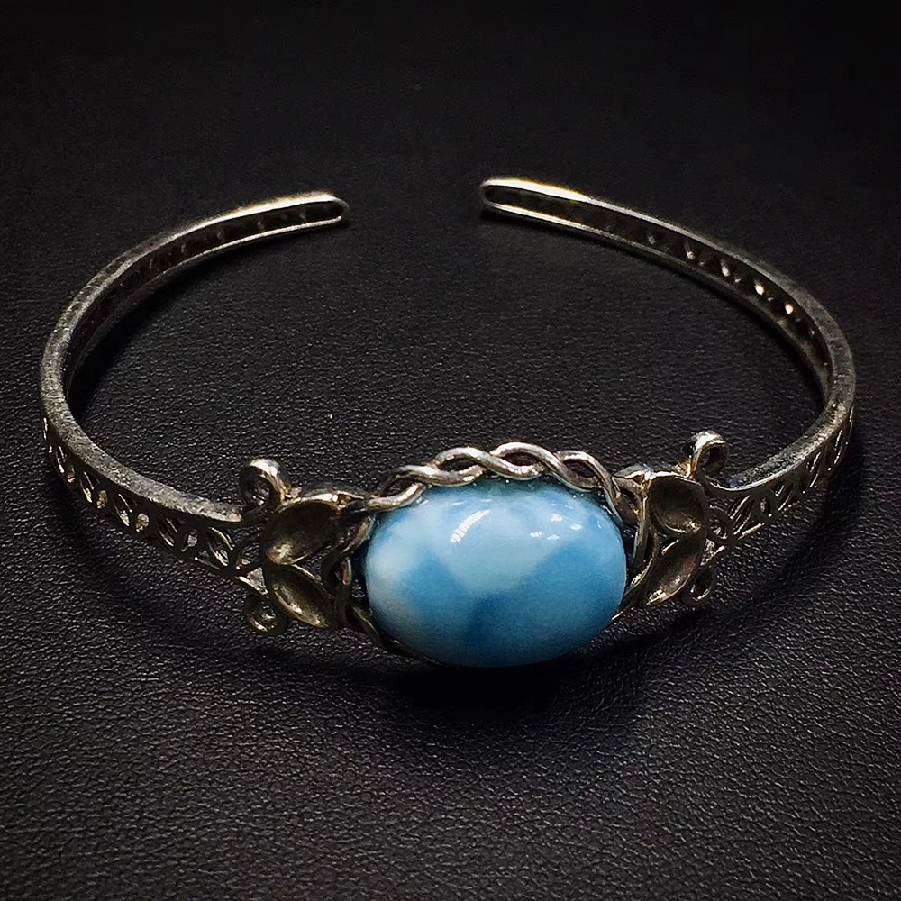 

Natural Larimar Mosaic S925 Silver Bracelet Crystal Copper Pectolite Bracelet Healing Crystal Stone Charme Women Jewelry Gifts