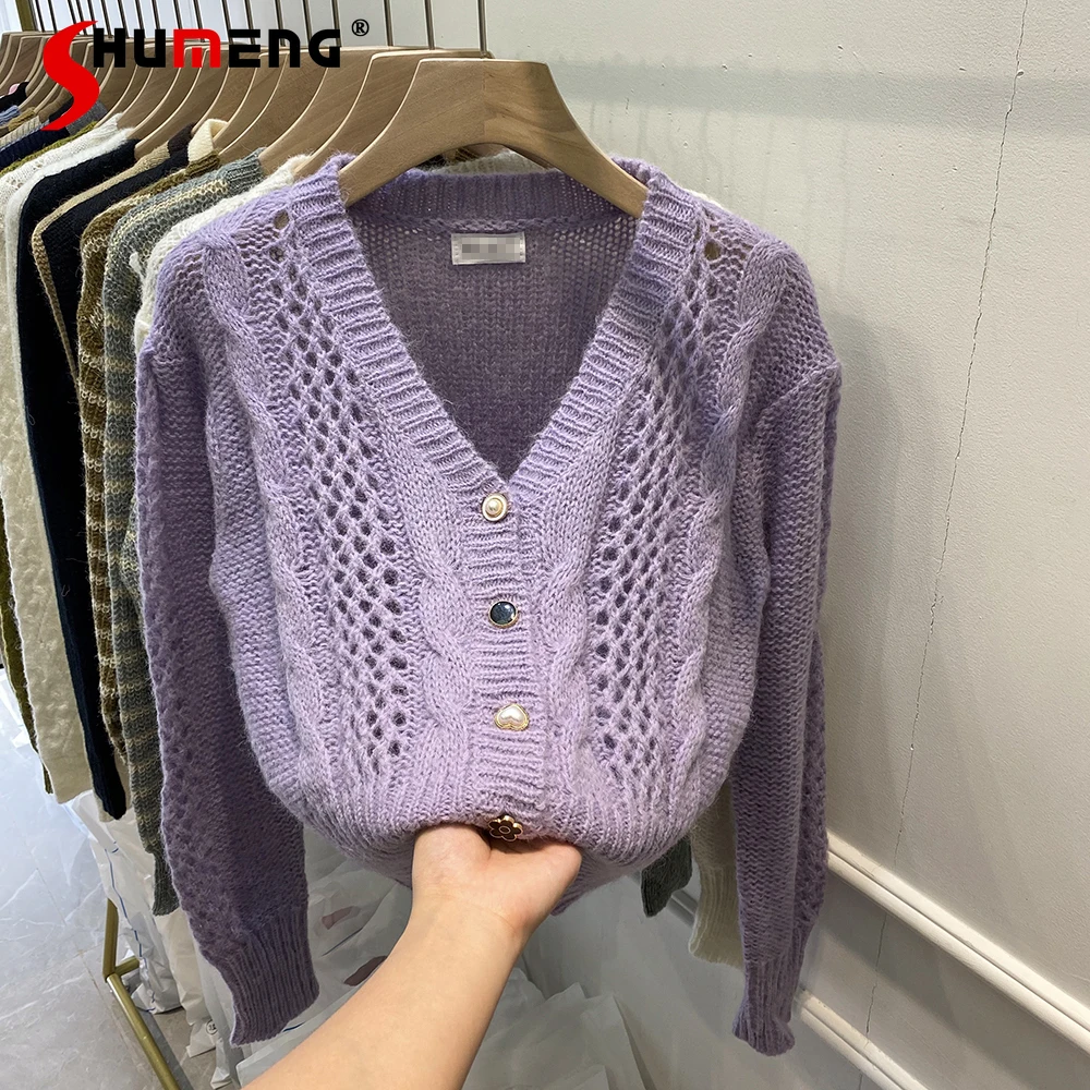 

2021 Autumn New Female Lazy Sweet Sollid Color Knitted Cardigan Coat Women's Fashion Simple V-neck Hollow Long Sleeve Sweater