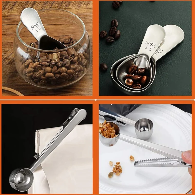 

2 Pcs Stainless Steel 15Ml&30Ml Short Handle Tablespoon Measuring Spoons&3 Pcs Long Handle Coffee Scoop Clip