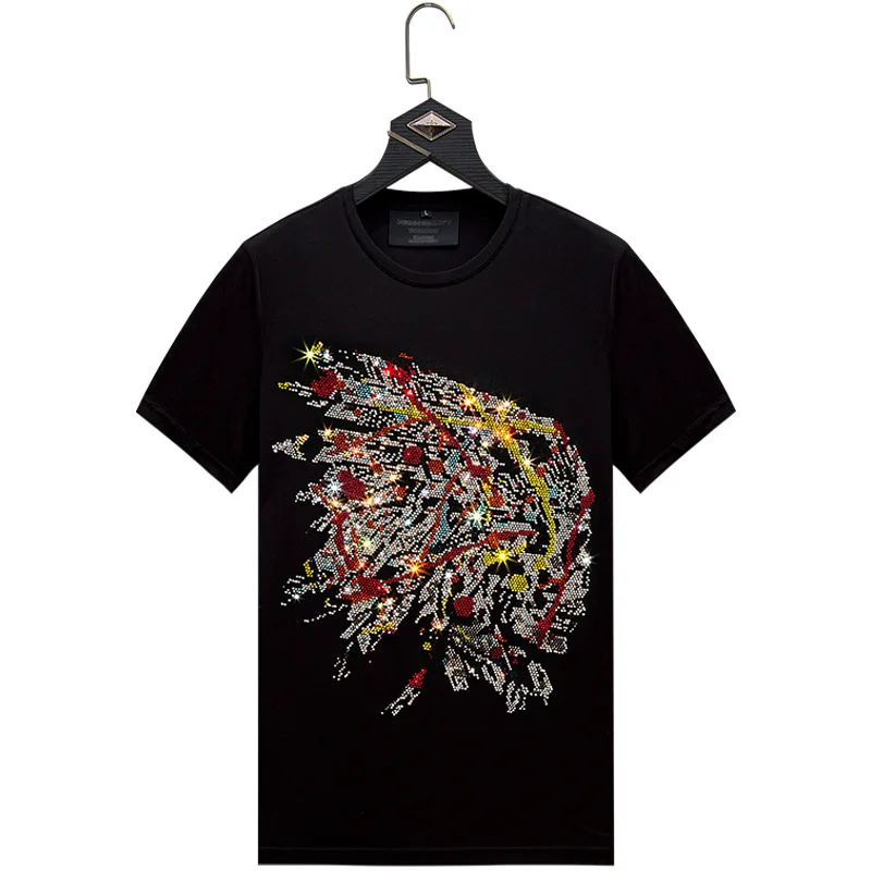 

Black Shirts White Male T Shirt Male Streetwear Slim Men Short Sleeve Shirt Diamond Inlaid Indian Chief Skulls Plus Size 6XL