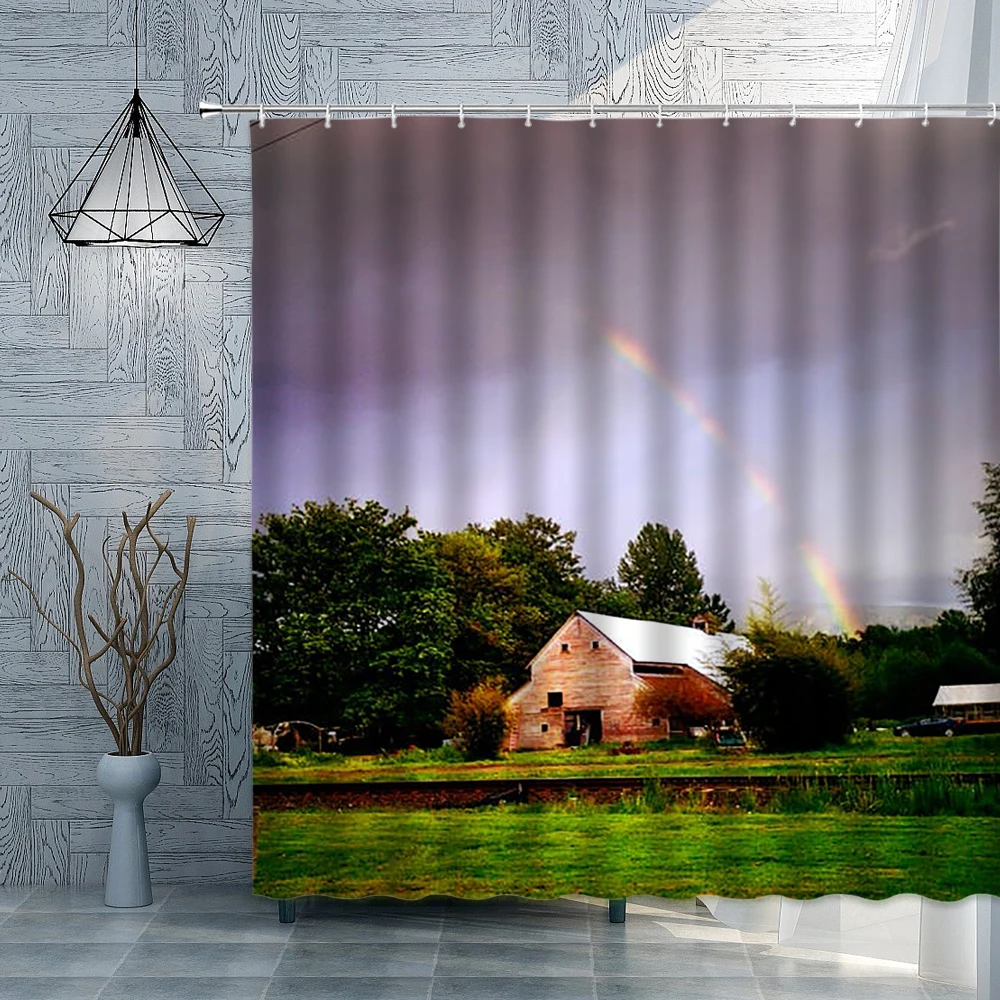 

White Horse Shower Curtain West Barn Farm Animal Green Yellow Grassland Bathroom Decor Hanging Curtains Set With Hooks Washable