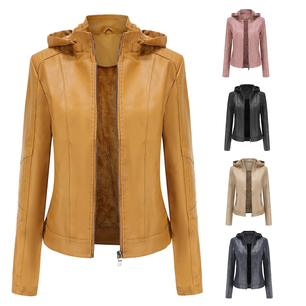 2021 new European and American autumn and winter leather jacket detachable Hat Women's plush leather coat