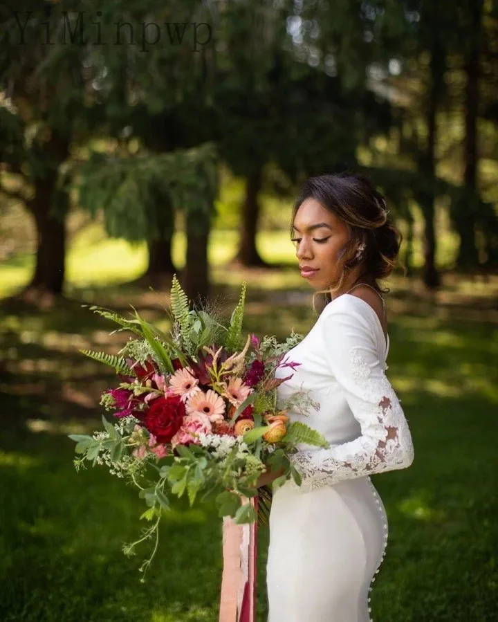 

YiMinpwp White Mermaid Wedding Dresses O Neck Long Sleeve Sweep Train Appliques Garden Country Bridal Gowns robes de mariée