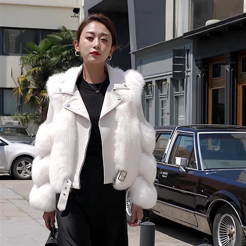 

Autumn Winter Fashion New Sheep Skin Splicing Fox Fur Coat Women's Short Real Fur Wool Covered Button Lantern Sleeve Slim Jacket