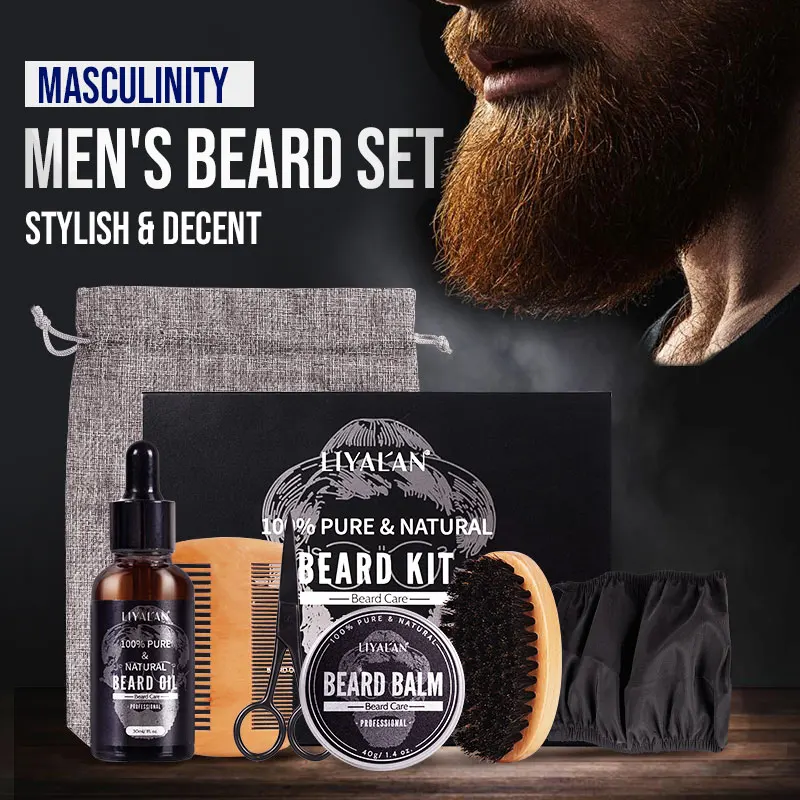 7Pcs/Sets Hair Beard Care Oil Grooming Moisturizer Wax Balm Set With Comb Scissor Organic Mustache Growth Kit For Men LIYALAN