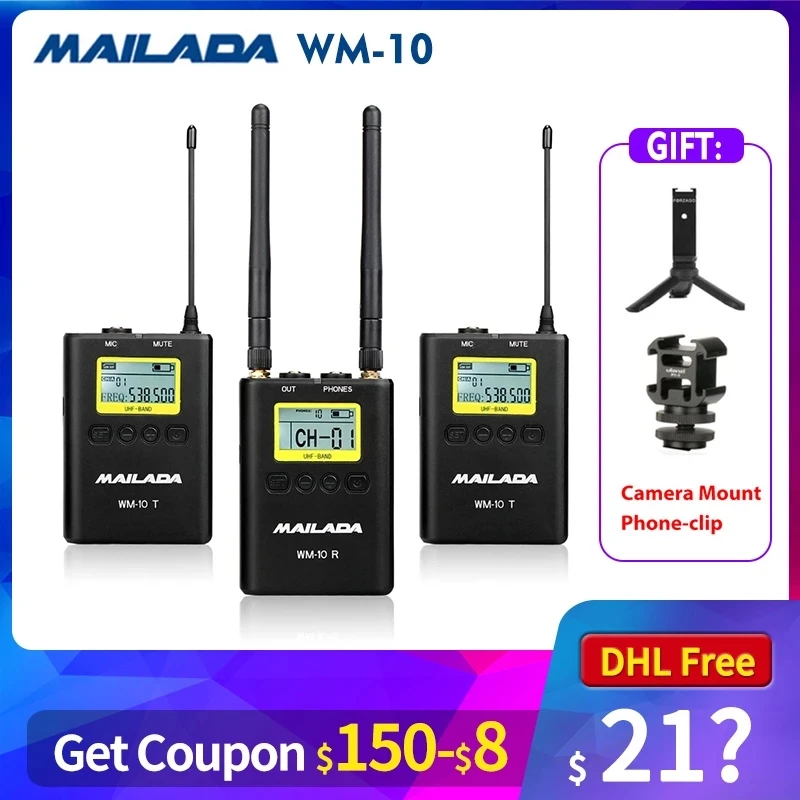 

Mailada WM-10 Профессиональный UHF беспроводной микрофон петличный микрофон приемник передача для dslr камер sony canon Osmo Pocket WM10