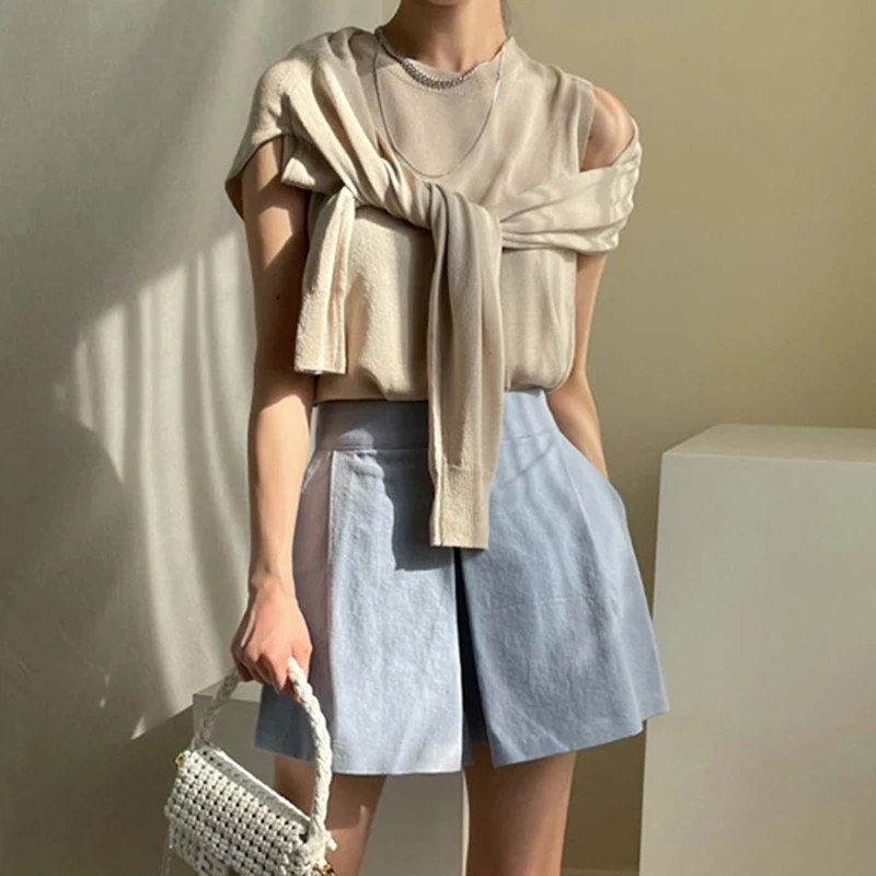 

GALCAUR Green T Shirt For Women O Neck Sleeveless Irregular Patchwork Loose Fake Two Piece T Shirts Females Fashion 2021 Summer