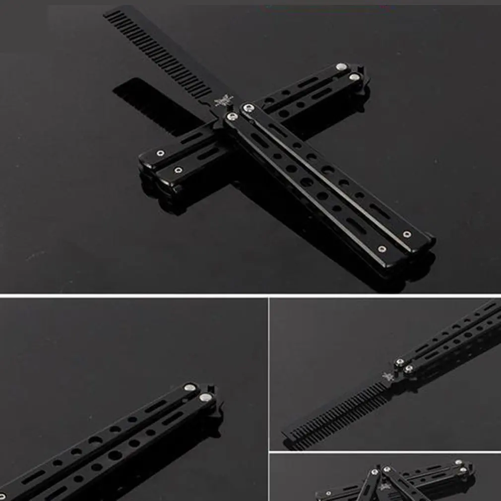 Professional Salon Stainless Steel Folding Butterfly Knife Hair Comb - Training and Styling Tool - Black/Silver image 2