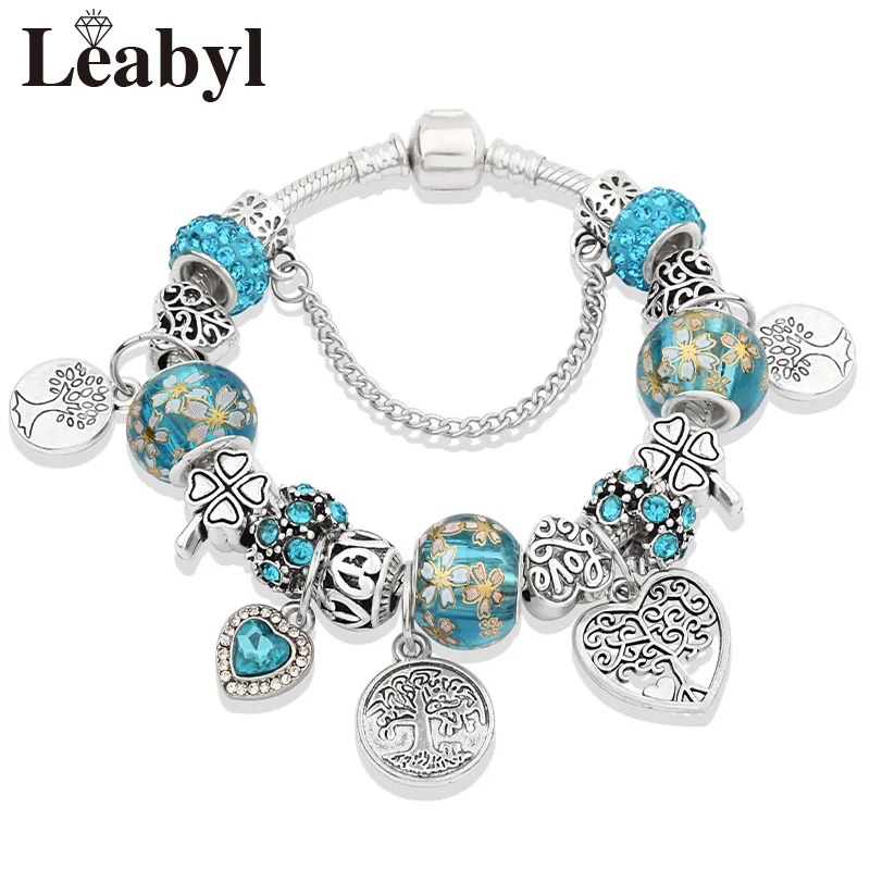 L80827 Blue Stering 925 серебряных Древо жизни Мода шарик кастрюле браслет Зеленый Кристалл Цветочный листьев прелести кнопки и браслет pulsera - Окраска металла: L80827 Blue