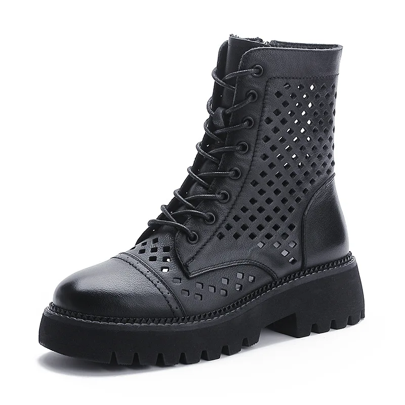 

2021 spring and autumn new handsome leather cut out side zipper British style boots perforated boots summer
