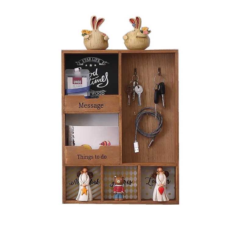 

Wooden Storage Rack three Layer Hook Hanging Wall Decoration Sundries Holder Living Room Keys Holder Kitchen Vestibule Porch Box