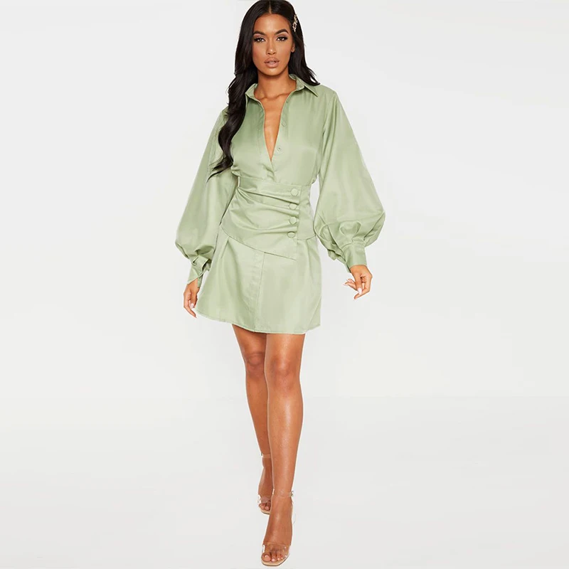 Ins Стиль мини платье Для женщин 2019 осень Фонари рукава для отдыха Элитный бренд