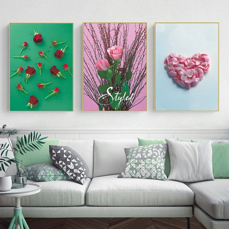 

Nordic Minimalist Living Room Decoration Painting Rose Love Flower Decoration Painting Combination Bedroom Painting Poster