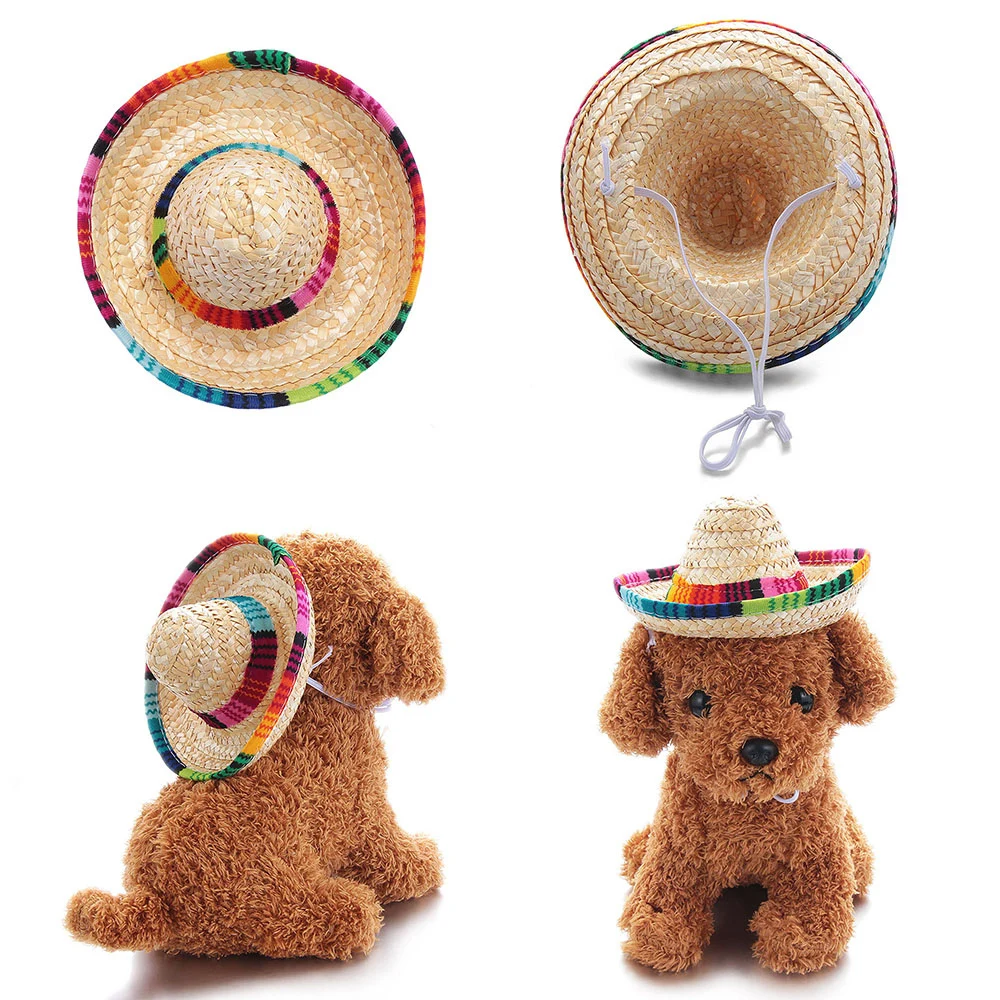 

Pet straw hat hat multicolor trim suitable for small pet dog cat puppy party hat outdoor sun hat