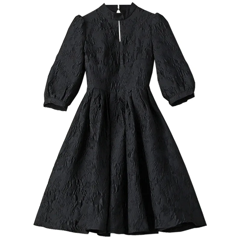 

Vintage Black Dress Women Autumn Winter 2020 New Stand Collar Jacquard Lantern Sleeve Slim Hollow Out Back Ball Gown Knee Length