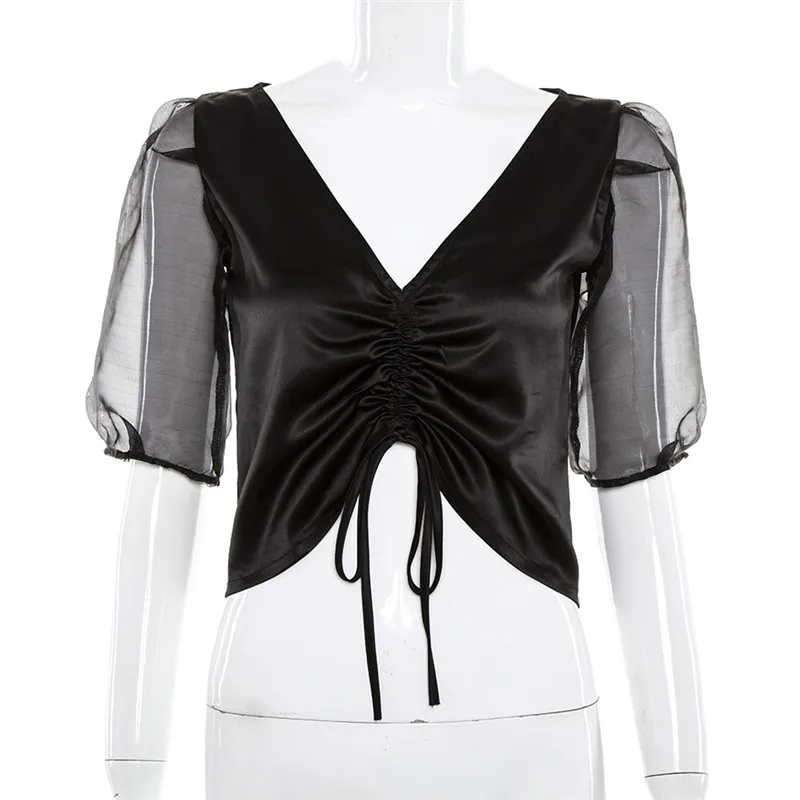 Летний короткий топ с v-образным вырезом однотонная сетчатая Лоскутная Женская