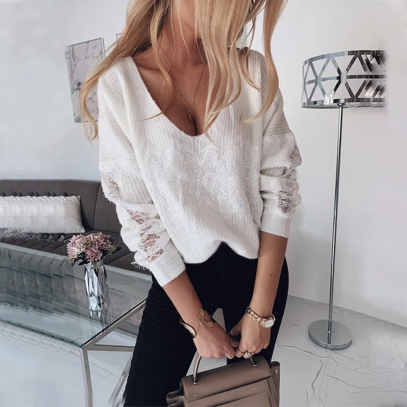 Long Sleeve Sweaters Autumn Fashion Lace Openwork Sweater Pullover Loose Thin Casual Sexy V Neck Knitted | Женская одежда