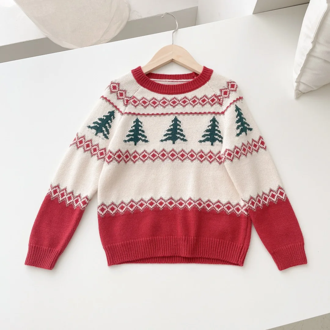 

Осенне-зимний вязаный свитер для девочек, пуловер с круглым вырезом и узором в виде рождественской елки, удобный свитер для девочек