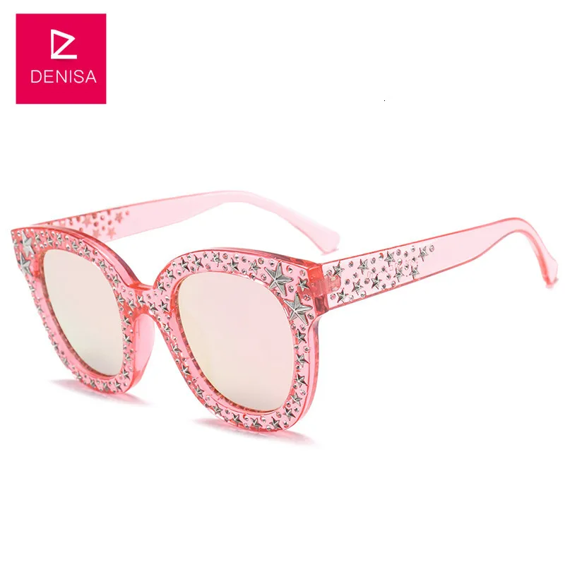 Red Pink DENISA Star шипованные кошачий глаз солнцезащитные очки женские модные черные солнцезащитные очки с серебряными звездами женские солнцезащитные очки Роскошные очки G5700 - Цвет линз: Red Pink