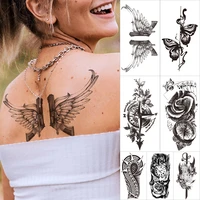 waterproof temporary tattoo sticker gun wing feathers tattoos black rose compass body art arm fake sleeve tatoo women