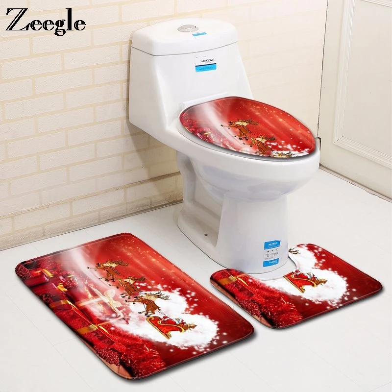 

Zeegle Christmas 3Pcs Bath Mat Set Absorbent Toilet Pedestal Rug Soft Toilet Cover Seat Mat Non-slip Bathroom Doormat Shower Mat