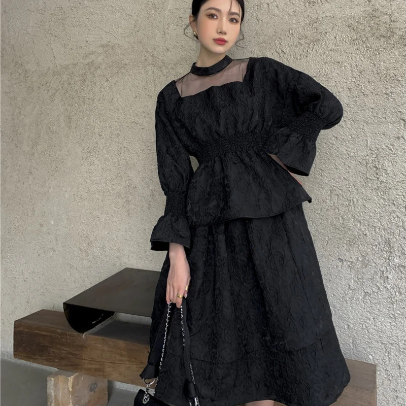 

LANMREM 2021 Autumn Black Mesh Blouse For Women Flare Long Sleeve Korean Style Female Fashion Top Clothes 2P2661