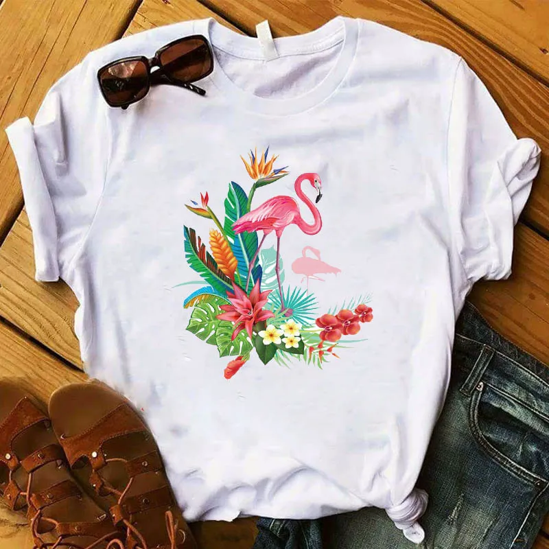 

Women Lady T Shirt Flower Floral Flamingo Printed Tshirt Ladies Short Sleeve Tee Shirt Women Female Tops Clothes Graphic T-shirt
