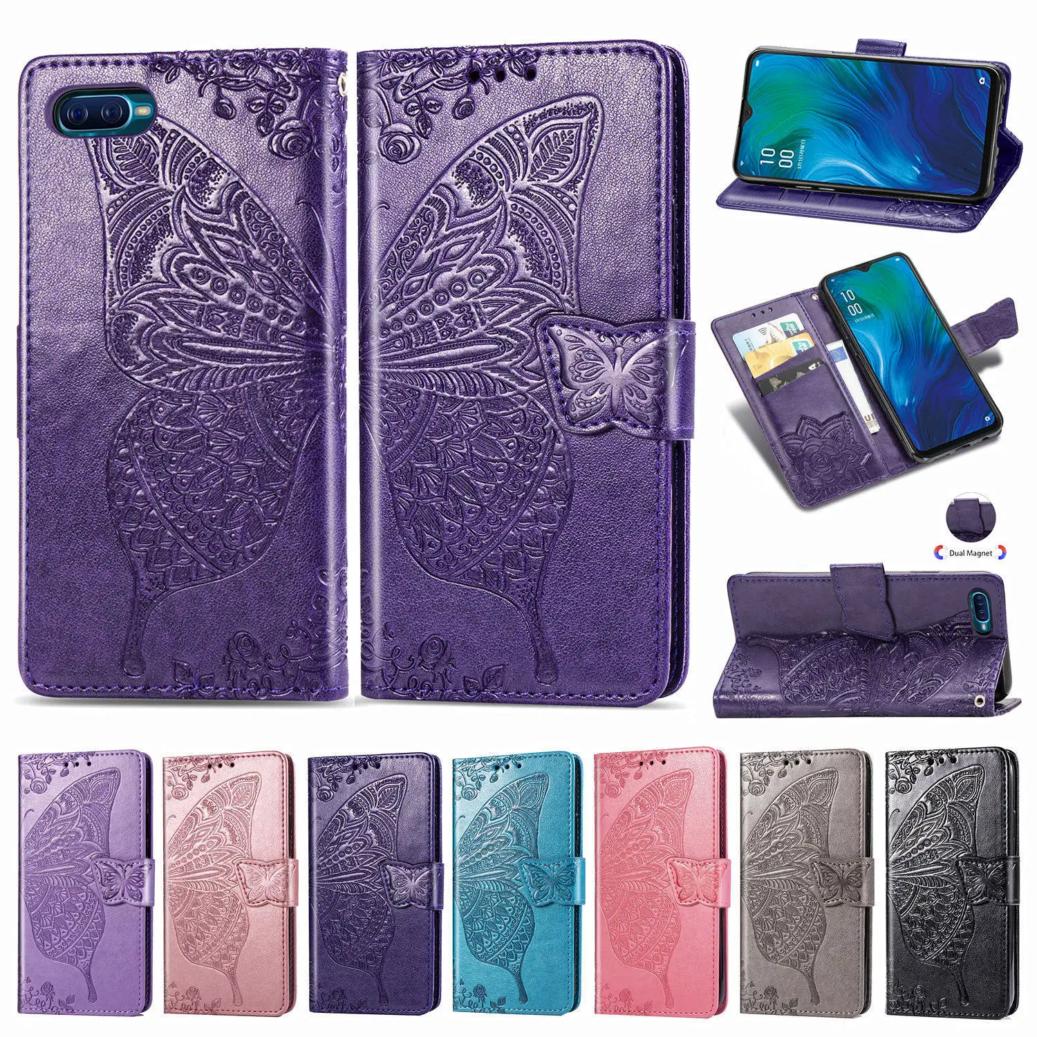 Роскошный чехол бумажник из искусственной кожи с цветком бабочки для телефона OPPO