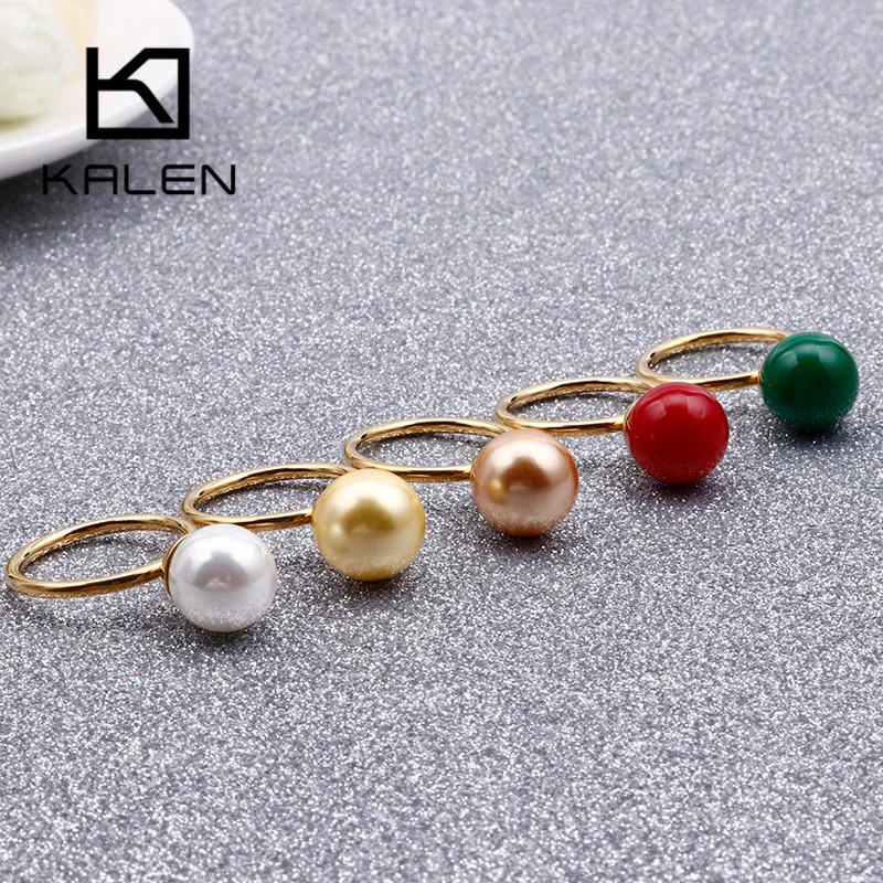 

KALEN New Cute MINI Colourful Shell Pearl Rings For Women Tri-Color Stainless Steel Round Wedding Bands Rings Party Jewelry Gift