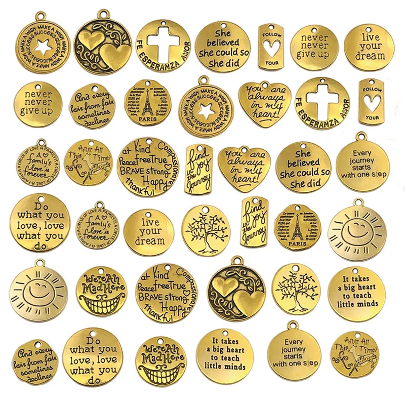 

Bulk Inspiration Charms 20pc Antique Silve/Gold Word Small Pendant for Jewlry Supply Inspiration Positive Message Charms #FR38E