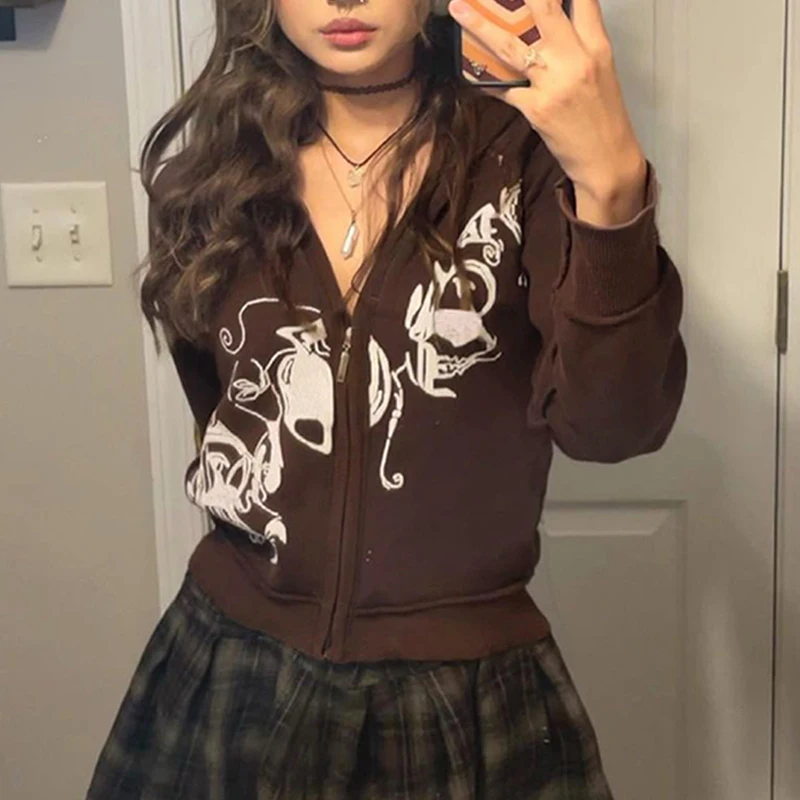 

Женский винтажный кардиган на молнии, коричневая короткая куртка с принтом, на осень