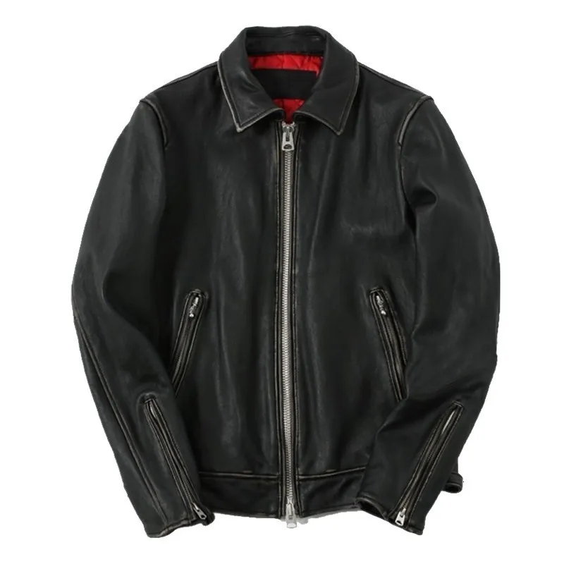 Винтажная японская Мужская короткая приталенная кожаная мужская куртка из
