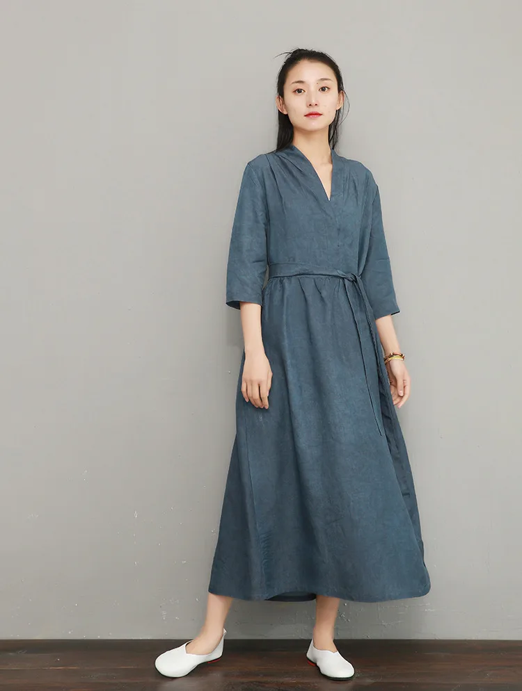 NINI WONDERLAND, летнее платье с v-образным вырезом,, женское, Tencel, льняное, винтажное платье, женское, одноцветное, длинное платье, халат, высокое качество