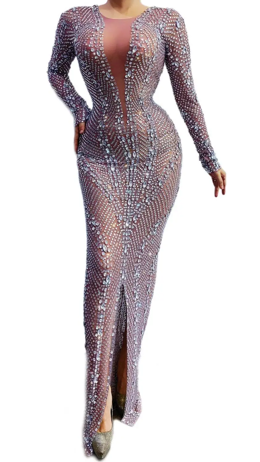 Silver Rhinestones Transparent Mesh Long Dress Women's Birthday Celebrate Prom Stage Singer Dancer Dresses | Тематическая