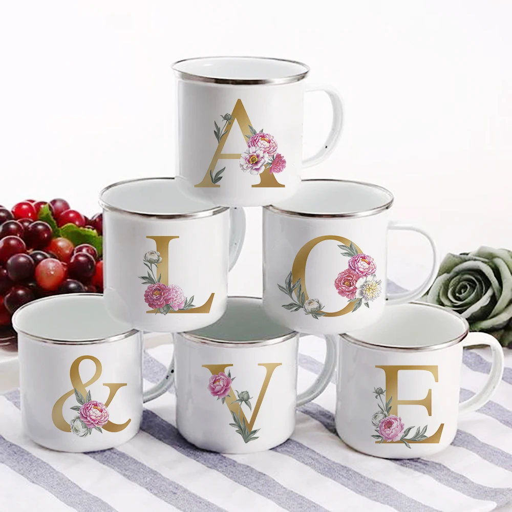 

Креативные эмалированные кофейные кружки с золотым алфавитом и цветами, чашки для пива и сока для домашвечерние, винтажная кружка для завтр...