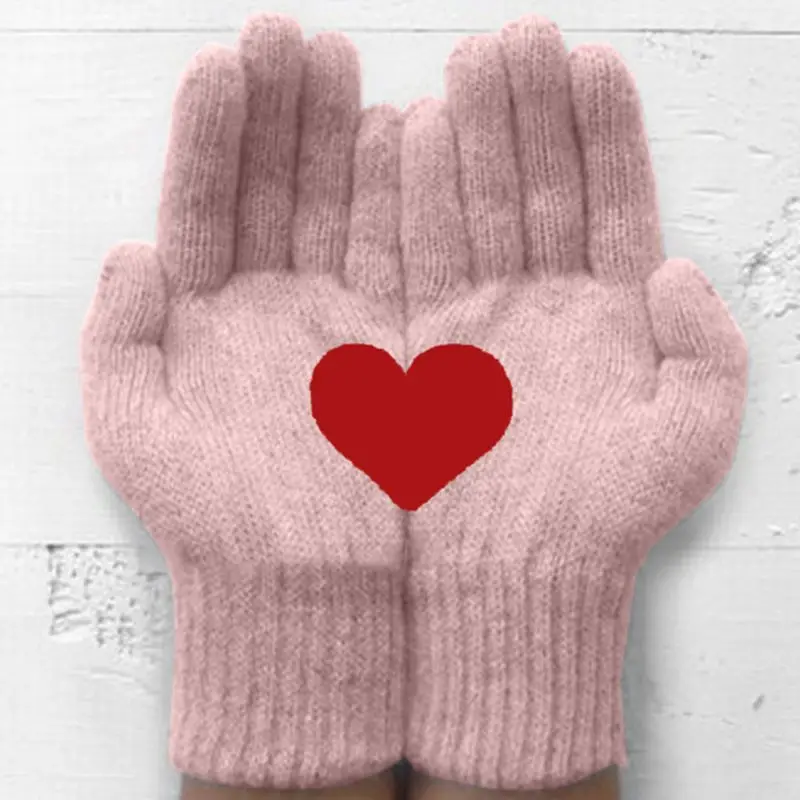 

Winter Women Thick Knit Gloves Sweet Half Red Heart Irregular Print Warm Mittens