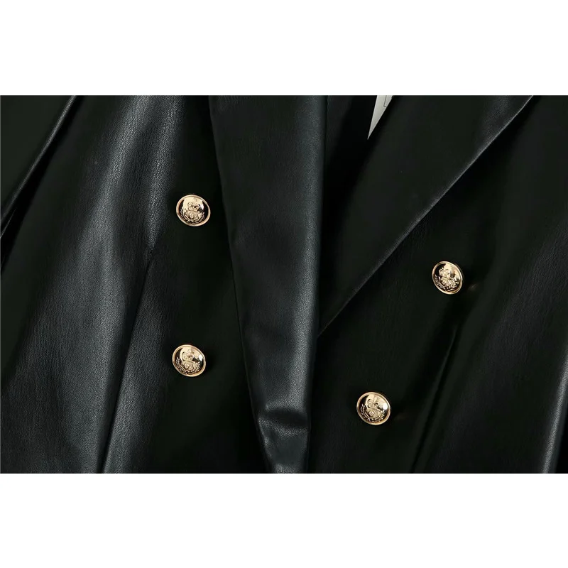 

Leather Blazers Women Fashion Double Breasted Faux Coat Vintage Long Sleeve Back Vents Female Outerwear Chic Tops