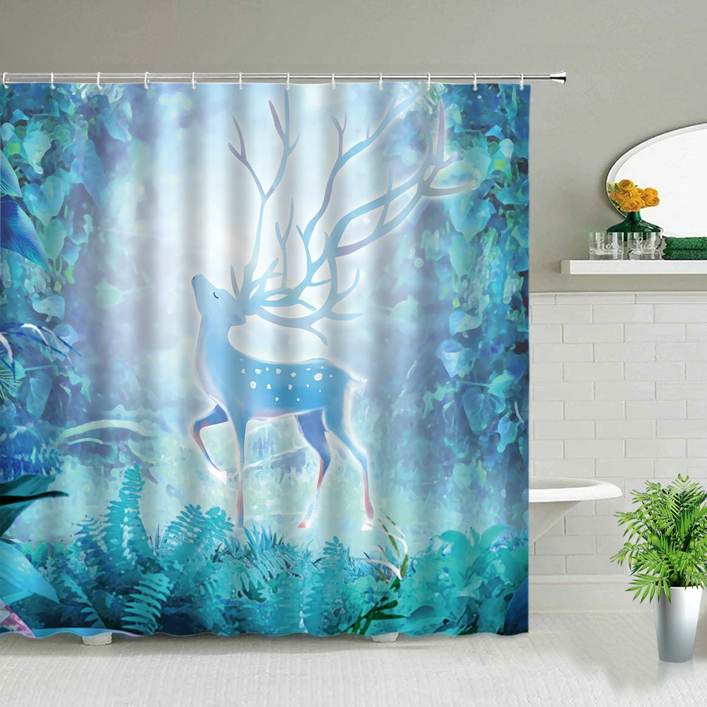 

Fairy Tale Dream Forest Animal Elk Landscape Shower Curtain Deer Bathroom Screen Retro Background Wall Decor Hanging Curtains