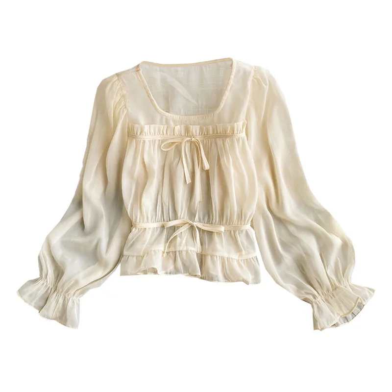 

New Women Fashion Square Collar Loose Waist Slim Chiffon Shirt Female Drawstring Bowknot Pleated Short Top Long Sleeves Blouse