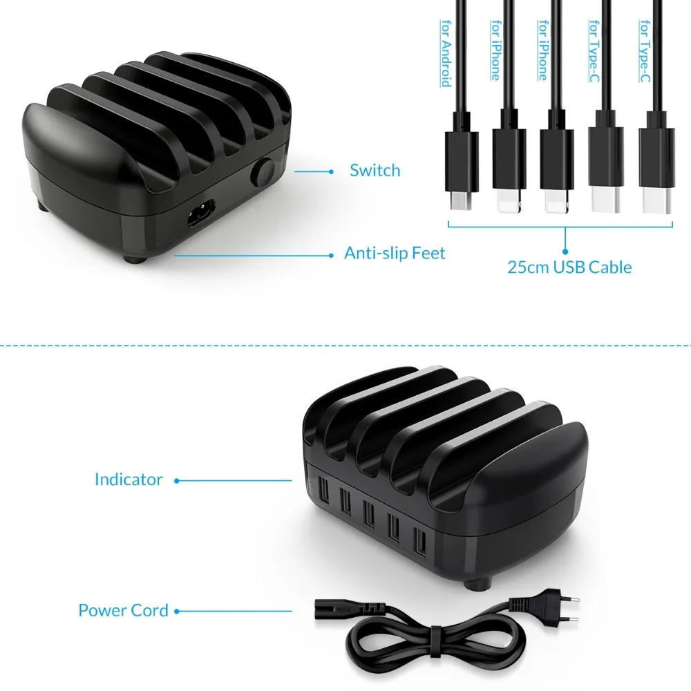 ORICO USB Зарядное устройство Док-станция с держателем 40 Вт 5V2. 4A* 5 usb зарядка бесплатно USB кабель для iphone ipad PC Kindle Tablet