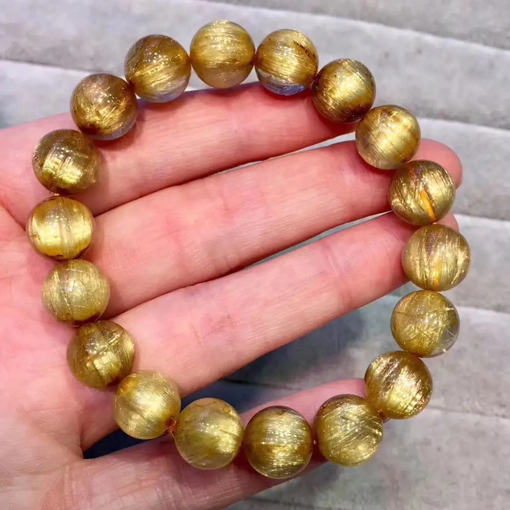 

11mm Natural Brazil Gold Rutilated Bracelet For Woman Man Crystal Titanium Stretch Round Beads Stone Fashion Jewelry AAAAAA