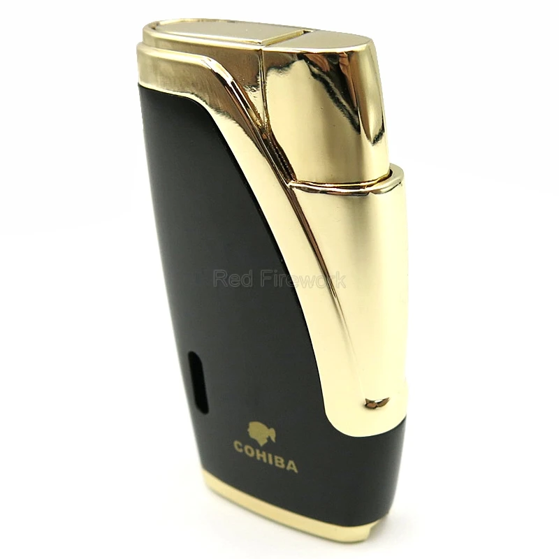 Gold And Black COHIBA бренд Металл 2 струи пламени горелки сигарная Зажигалка Ветрозащитная фонарь зажигалки, сигареты Зажигалка с Прикуриватель& Подарочная коробка - Цвет: Gold And Black
