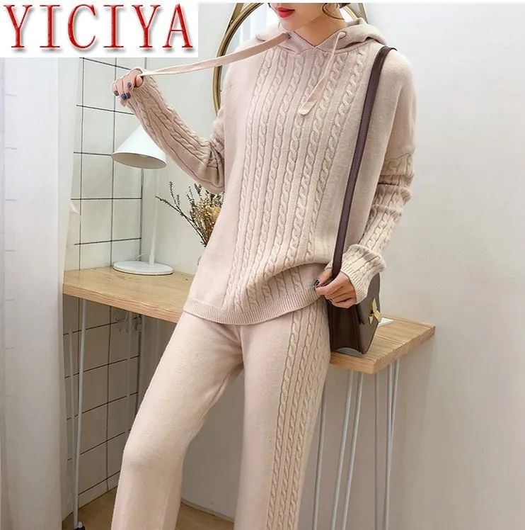 Шерстяной вязаный свитер комплект из 2 предметов брючный костюм женская одежда