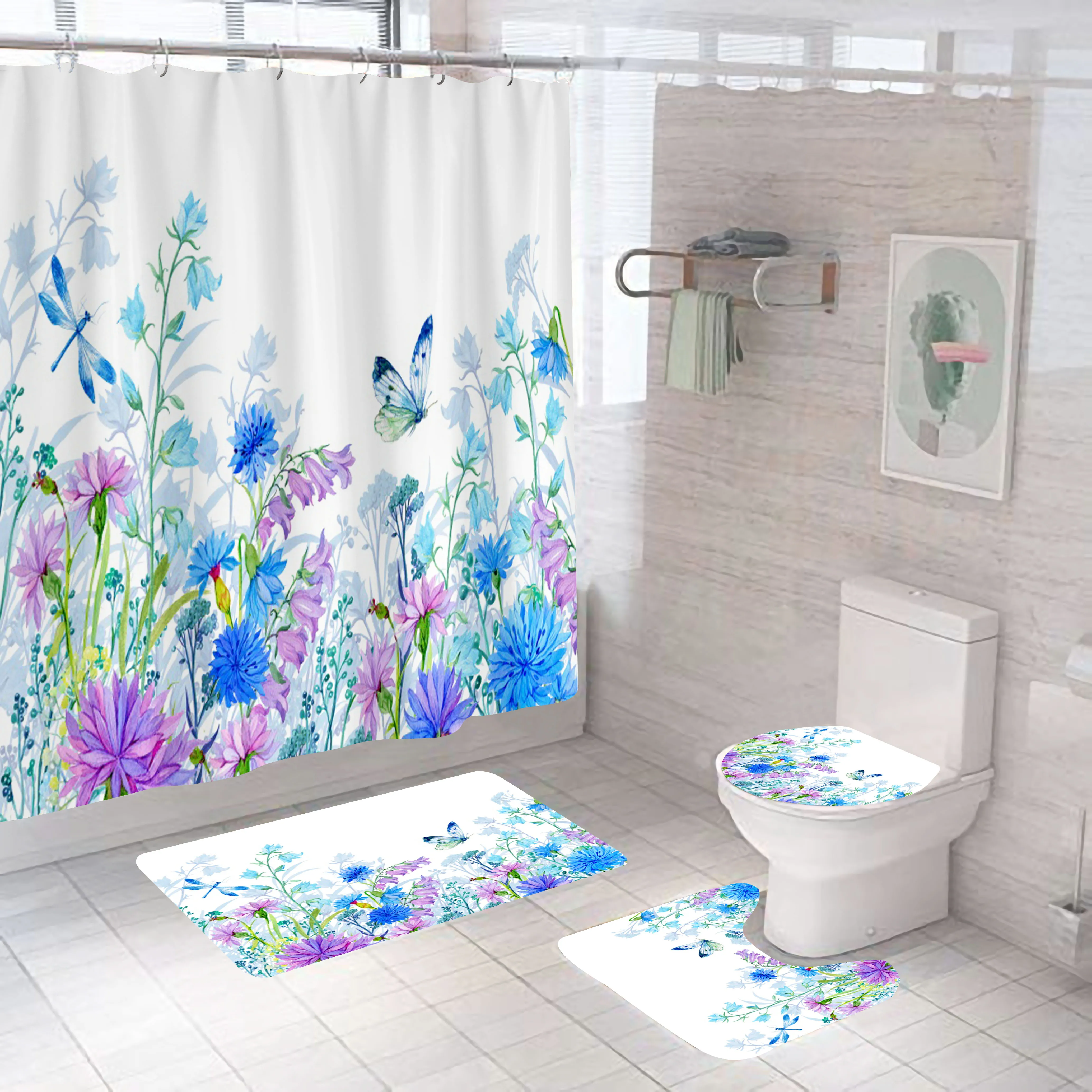 

Blue Purple Shower Curtain Flower Pastrol Bathroom Set Fashion Pattern Bath Curtains Non Slip Toilet Cover Floor And Mat Rug Set