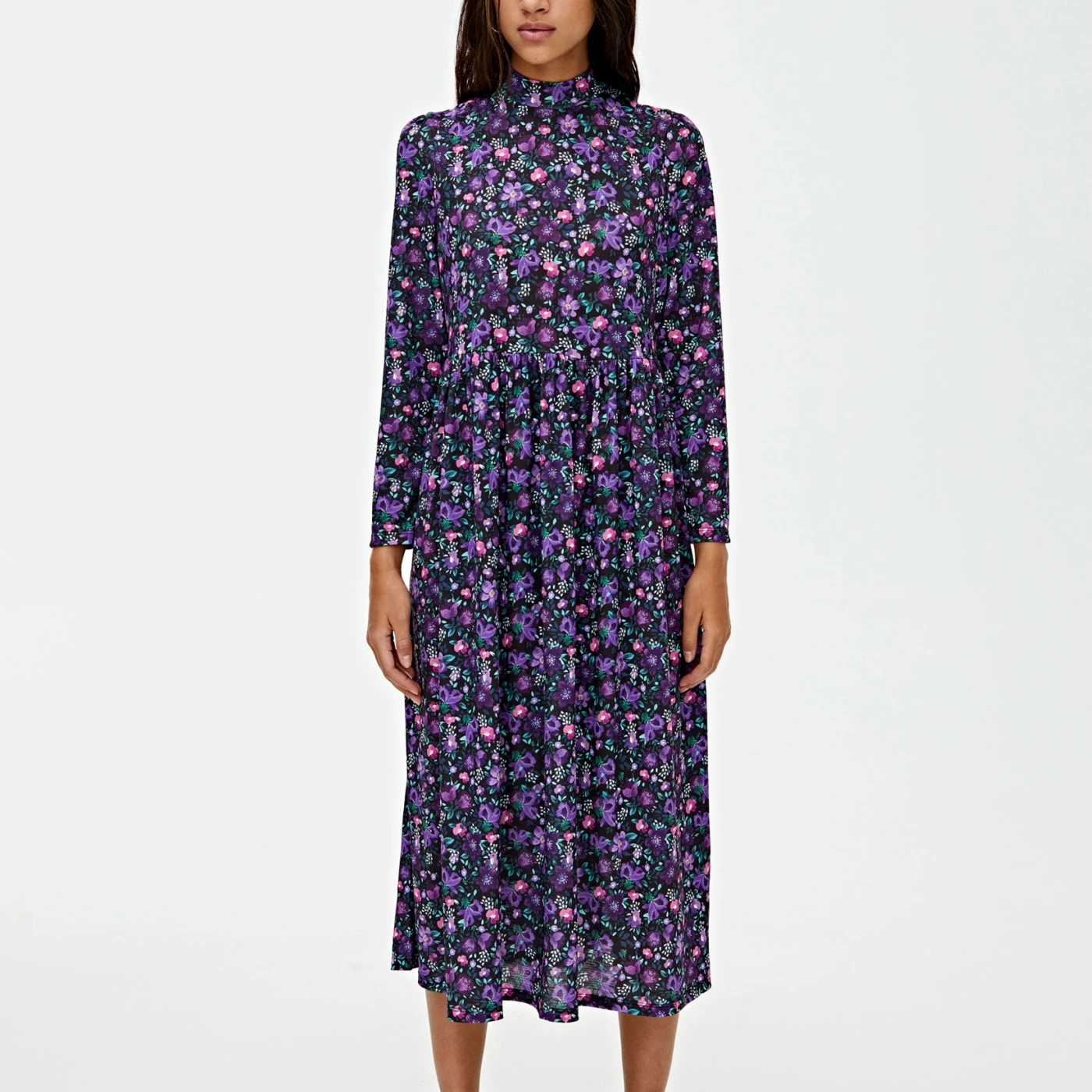 Новинка осени 2019 фиолетовое длинное платье с цветочным принтом со стоячим