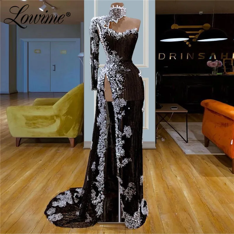 

Glitter Applique One Shoulder Prom Dresses Long Kaftans Dubai Arabic Evening Dress 2019 Sparkly Women Celebrity Party Dress New