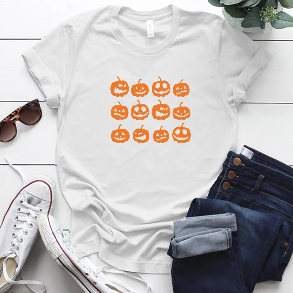 Pumpkin Printing Funny Tshirt Womens Harajuku Halloween Summer Female Casual O Collar Friends Tops Tee Kawaii | Женская одежда